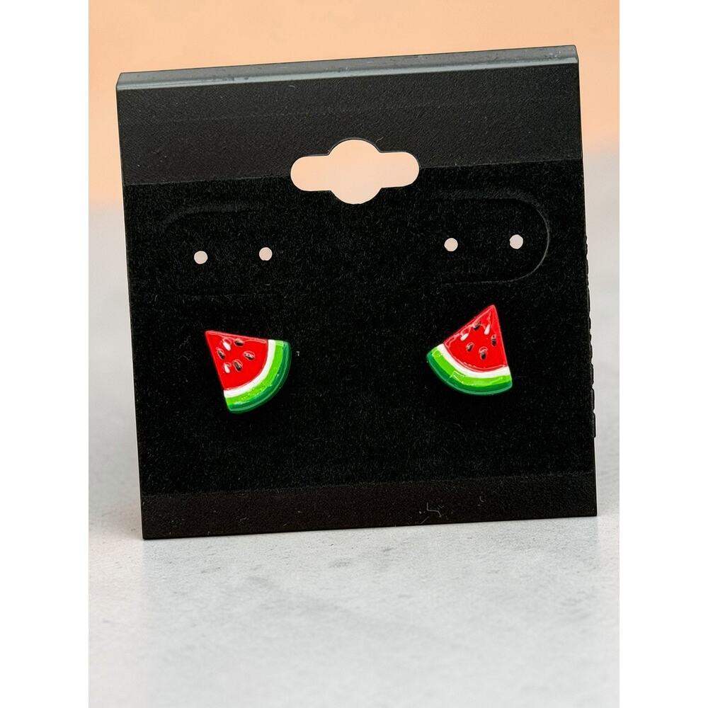 S925 Watermelon Slice Plastic Stud Earrings Red Green Asymmetrical Fruit Jewelry